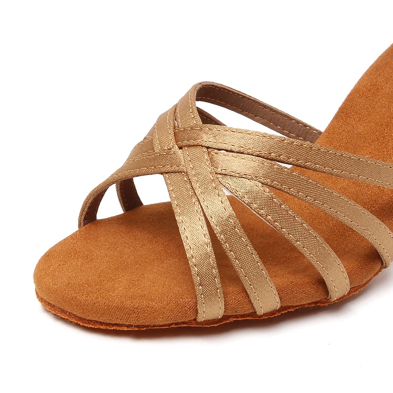 Women's Red Satin Strappy Dance Heels – Open-Toe Ballroom Salsa Shoes with Adjustable Ankle Straps and Suede Sole for Latin Dancing3