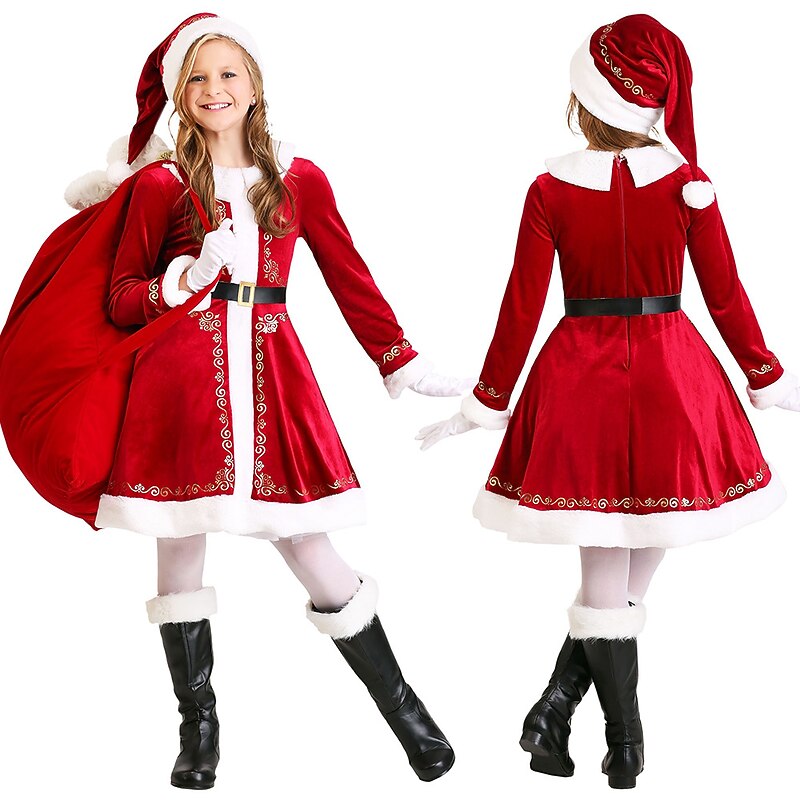 Santa Suit Santa Claus Mrs.Claus Cosplay Costume Outfits Christmas Dress Santa Clothes Girls' Christmas Special Kid's Christmas Carnival Masquerade Christmas Dress Gloves Belt Hat