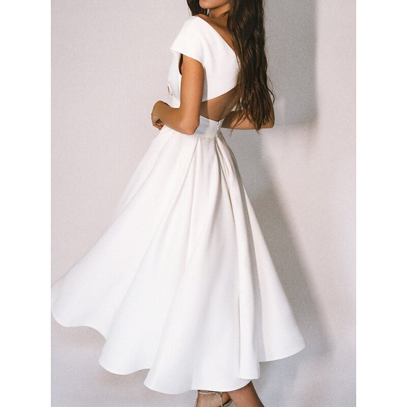 Beach Wedding Reception Little White Dress Bridal Shower Dresses Casual Wedding Dresses A-Line V Neck Cap Sleeve Tea Length Chiffon Bridal Gowns With Pleats2