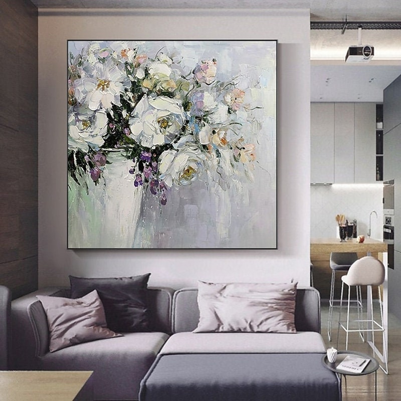 Handmade Oil Painting Canvas Wall Art Decoration Abstract Floral Painting White Peonies for Home Decor Rolled Frameless Unstretched Painting2