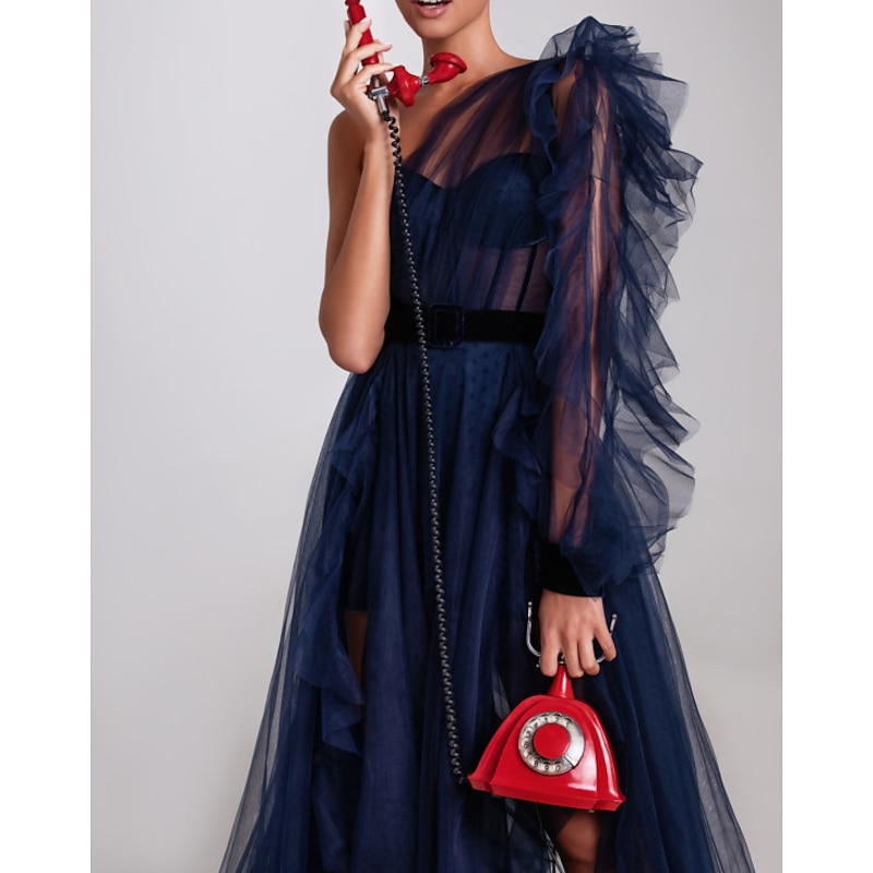 A-Line Evening Gown Corsets Dress Wedding Guest Engagement Court Train Long Sleeve One Shoulder Tulle with Ruffles Slit Masquerade Dress4