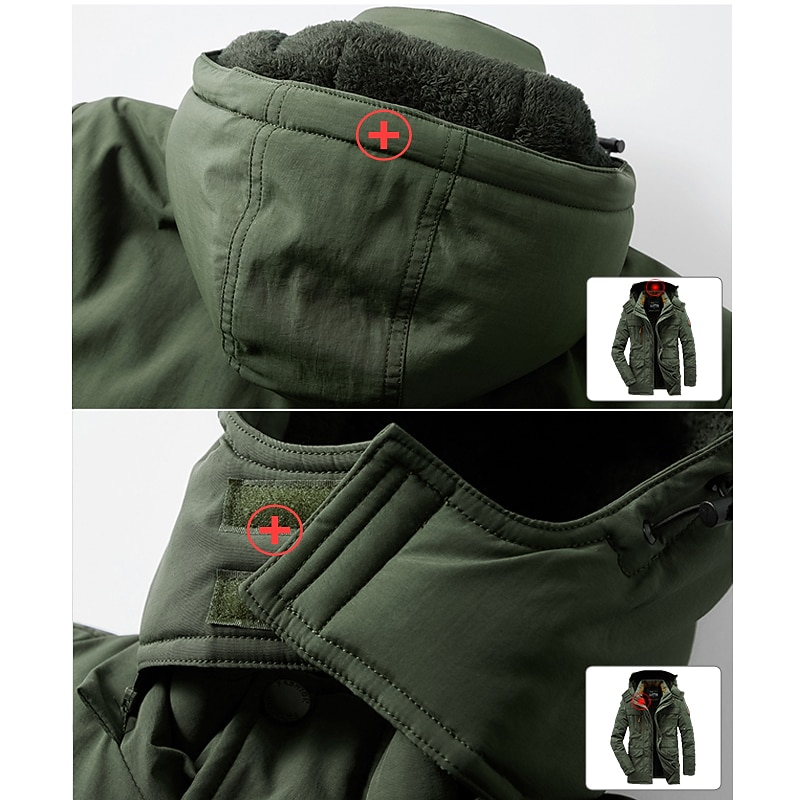 Men's Hiking Fleece Jacket Winter Jacket Thick Warm Hooded Parka Military Windbreaker Outdoor Detachable Cap Black Trench Coat Outerwear Hunting Ski Snowboard Camping Caving Army Green Khaki Blue3