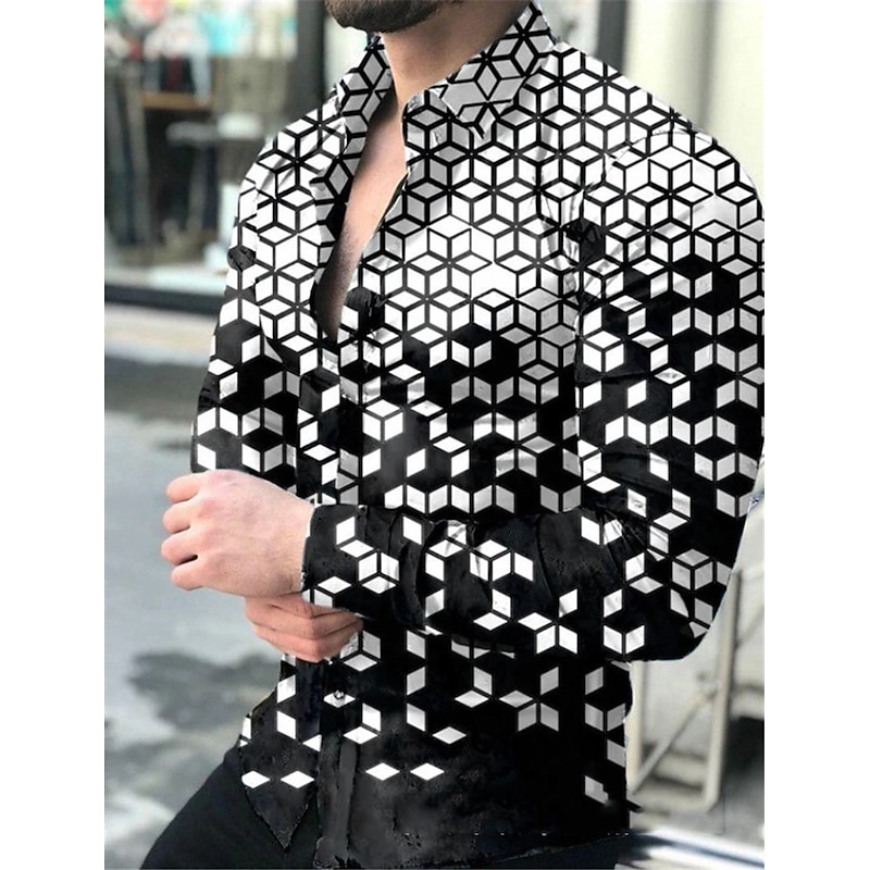 Men's Geometric Pattern Geometry Shirt Button Up Shirt Long Sleeve Fashion Designer Casual Outdoor Vacation Daily Fall & Winter Collar Print Button-Down Black Red Navy Blue Blue Green