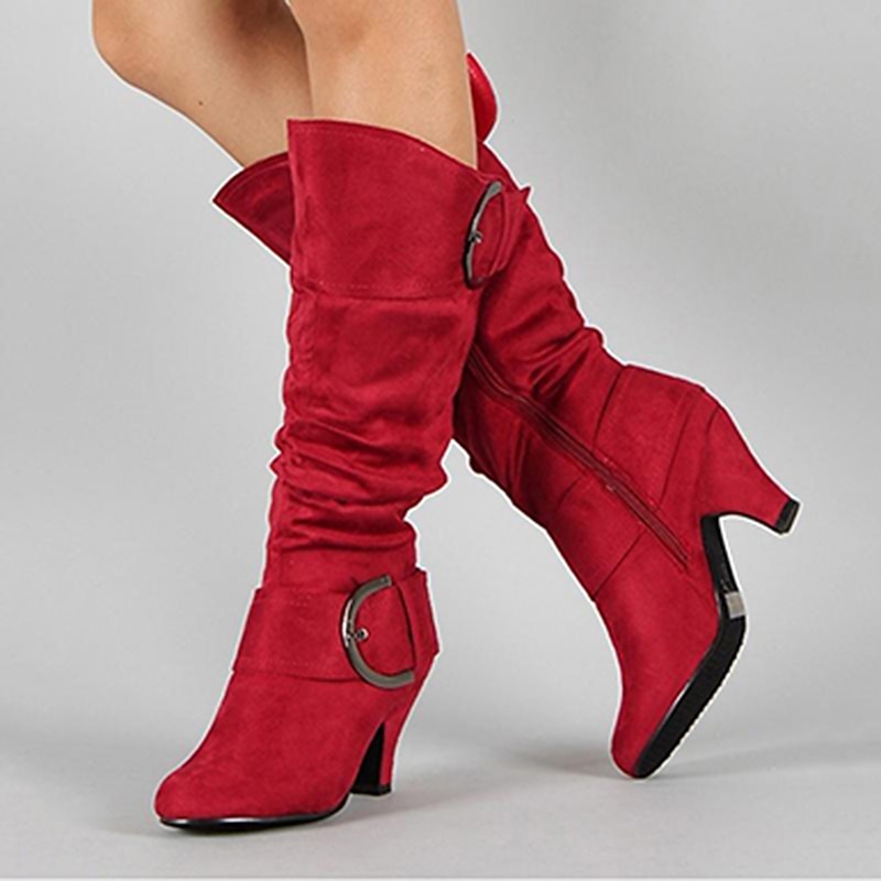 Women's Red Suede Slouchy Knee-High Boots with Buckle Detail and Mid Heel - Stylish Footwear for Fall and Winter2