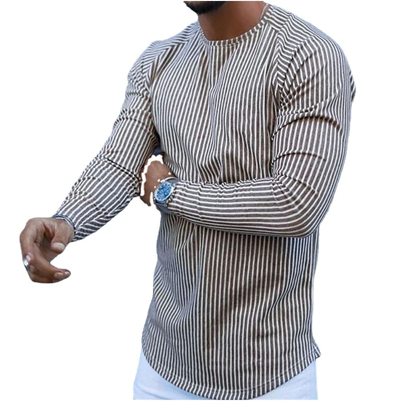 Men's T Shirt Long Sleeve Shirt Long Sleeve Crew Neck Spring & Summer Striped Fashion Lightweight Muscle Vacation Casual Holiday Dark Gray Coffee Gray Top Tee for Men