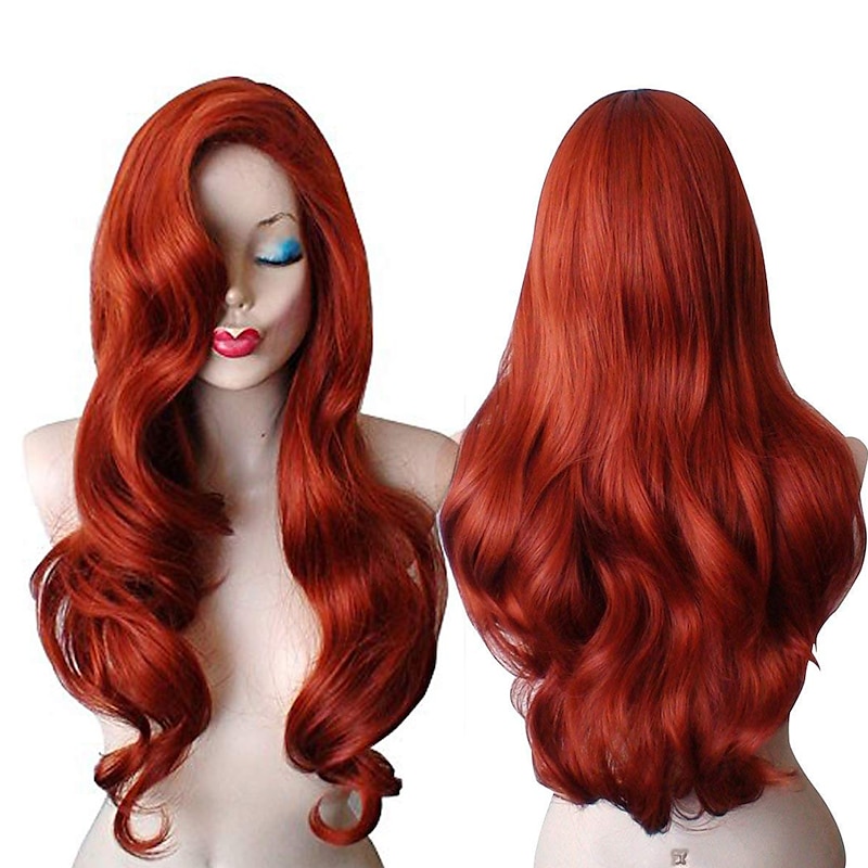 28inch Jessica Rabbit Long Wavy Copper Red Cosplay Wig Spiral Curly Anime Heat Resistant Hair for Women Halloween Wigs