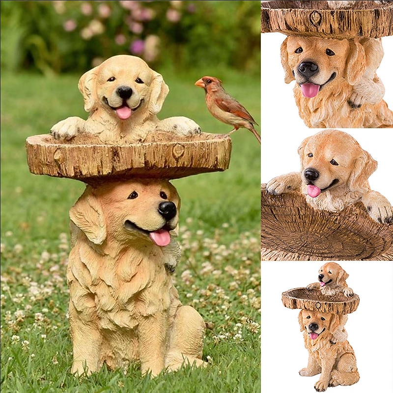 Bird Baths for Outdoors, Polyresin Puppy Shape Bird Bath with Brown Pedestal, Handmade Wild Bird Feeder and Bird Bath Bowl, Garden Statue and Figurine for Outdoor, Garden, Lawn Yard Decorations