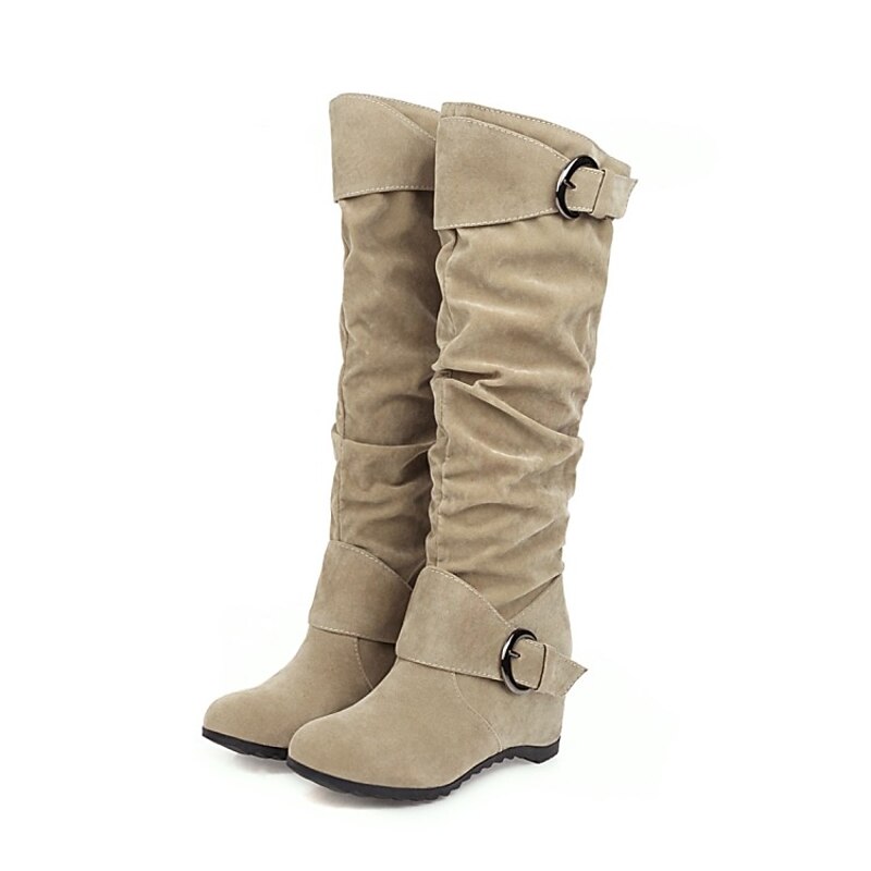 Women's Black Slouchy Faux Suede Knee-High Boots with Buckle Straps, Casual Vintage Style for Fall and Winter Outfits4