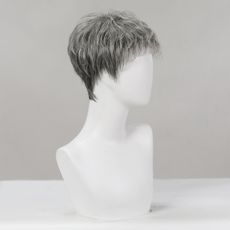 Human Hair Blend Wig Short Loose Curl Water Wave Pixie Cut Side Part Layered Haircut Asymmetrical Dark Gray Cosplay Curler & straightener Natural Hairline Capless Burmese Hair Chinese Hair Men's All3