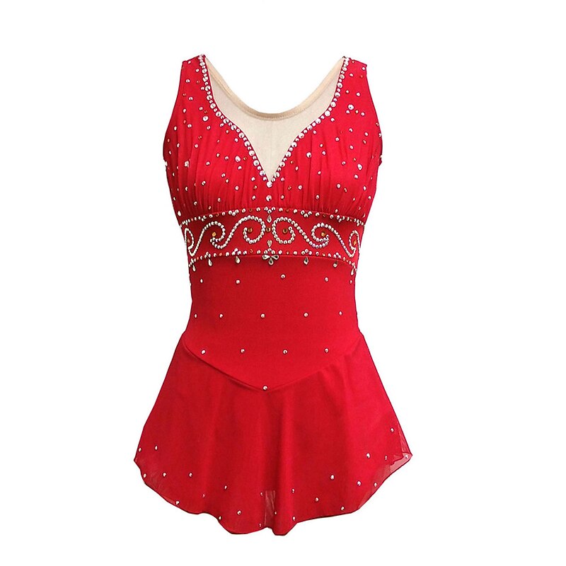 Figure Skating Dress Women's Girls' Ice Skating Dress Outfits Red Blue Open Back Patchwork Spandex High Elasticity Training Competition Skating Wear Handmade Patchwork Crystal / Rhinestone Sleeveless4