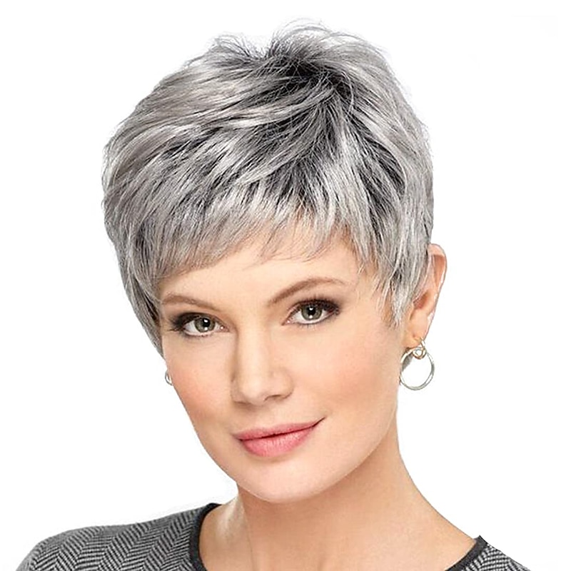 Gray Wigs for Women Temperament Oblique Bangs Texture Fluffy Short Hair Black Gradient Silver Middle-Aged Wigs Natural Hair2