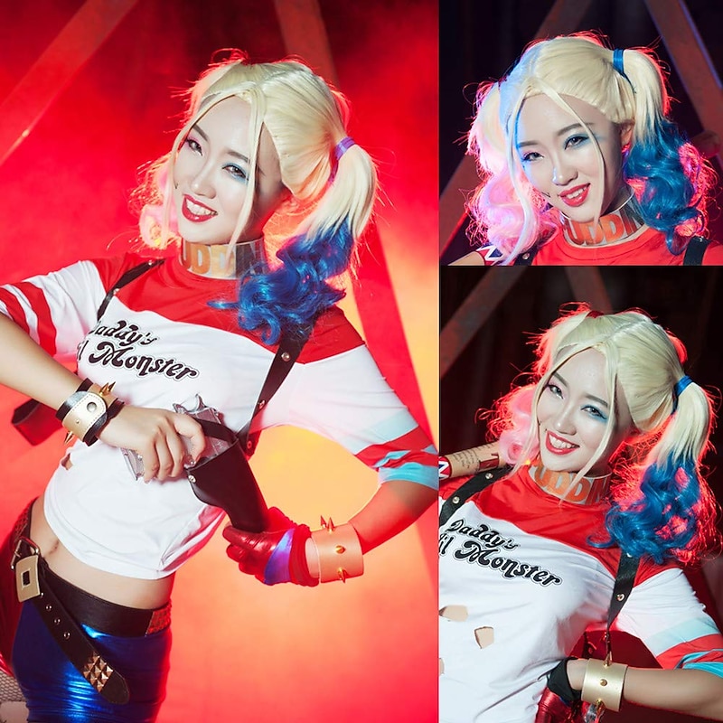 Harley Quinn  Probeauty Ponytail Wigs Blonde Pink Blue Ponytail Wavy Synthetic Cosplay Wig (Long Pink Blue Mix Blonde)4