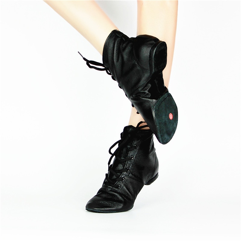Women's Black Genuine Leather Jazz Dance Boots, Lace - Up Split Sole Dance Shoes for Flexible Performances2