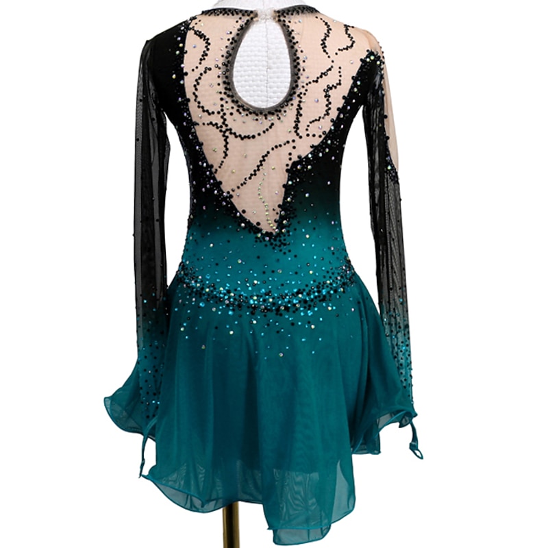 Figure Skating Dress Women's Girls' Ice Skating Dress Outfits Black / Red Black / Blue Open Back Asymmetric Hem Mesh Spandex High Elasticity Practice Competition Skating Wear Handmade Crystal4