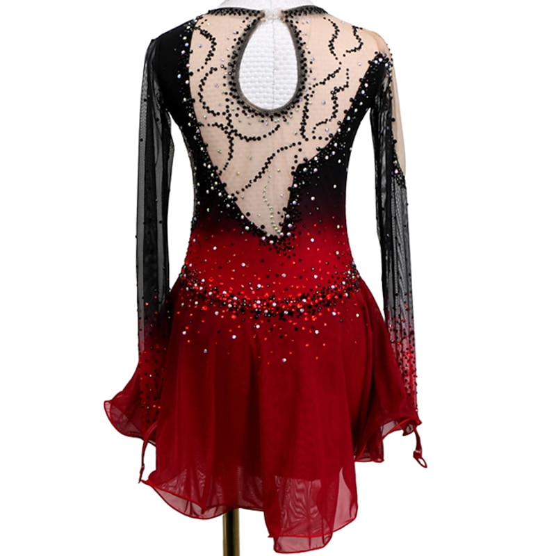 Figure Skating Dress Women's Girls' Ice Skating Dress Outfits Black / Red Black / Blue Open Back Asymmetric Hem Mesh Spandex High Elasticity Practice Competition Skating Wear Handmade Crystal2