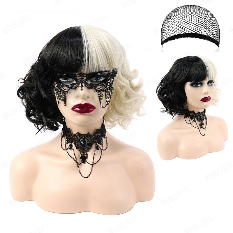 Gothic Wig Rebcass Synthetic Wig Cosplay Cruella Loose Curl Bouncy Curl Bob with Neat Bang Wig Black / Gold Synthetic Hair for Women Heat Resistant Free Cap 14inch Halloween Wigs
