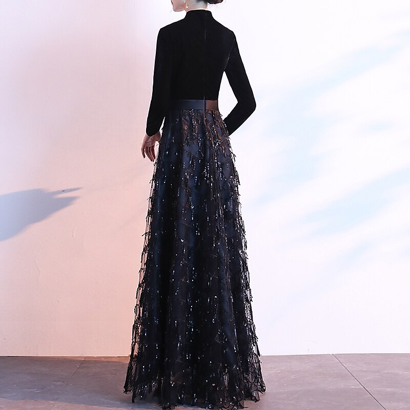 A-Line Evening Gown Elegant Dress Wedding Guest Prom Floor Length Long Sleeve Queen Anne Sequined with Sash / Ribbon Sequin2