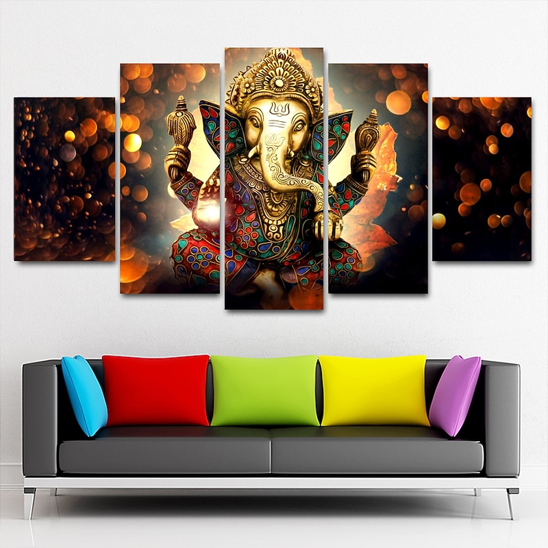 5 Panels Wall Art Canvas Prints Painting Artwork Picture Hindu God Ganesha Painting Home Decoration Decor Rolled Canvas No Frame Unframed Unstretched