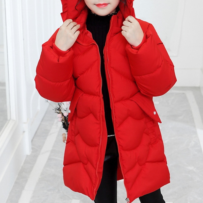 Kids Girls' Down Long Sleeve Black Red Plain Ruffle Winter Adorable Sport 3-8 Years / School / Cute / Cotton