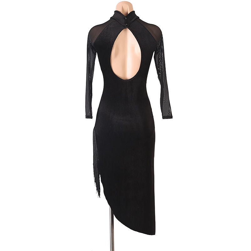 Latin Dance Dress Fringed Tassel Solid Splicing Women's Training Performance Long Sleeve Mesh Velvet2
