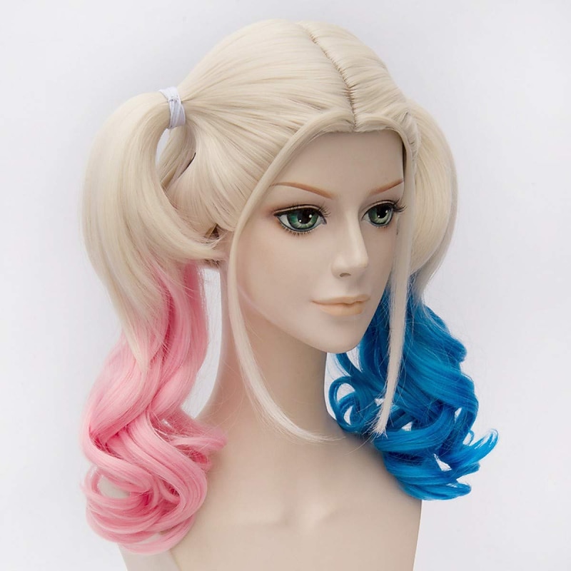 Harley Quinn  Probeauty Ponytail Wigs Blonde Pink Blue Ponytail Wavy Synthetic Cosplay Wig (Long Pink Blue Mix Blonde)2