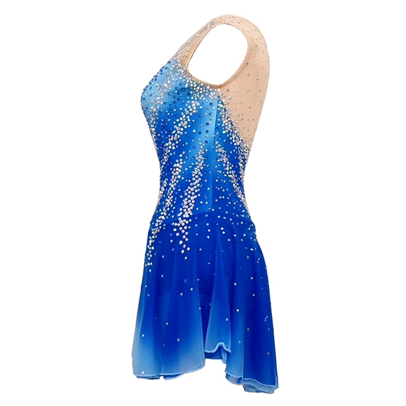 Figure Skating Dress Women's Girls' Ice Skating Dress Outfits Blue+Light Blue Patchwork Asymmetric Hem Mesh Spandex High Elasticity Competition Skating Wear Handmade Crystal / Rhinestone Sleeveless3