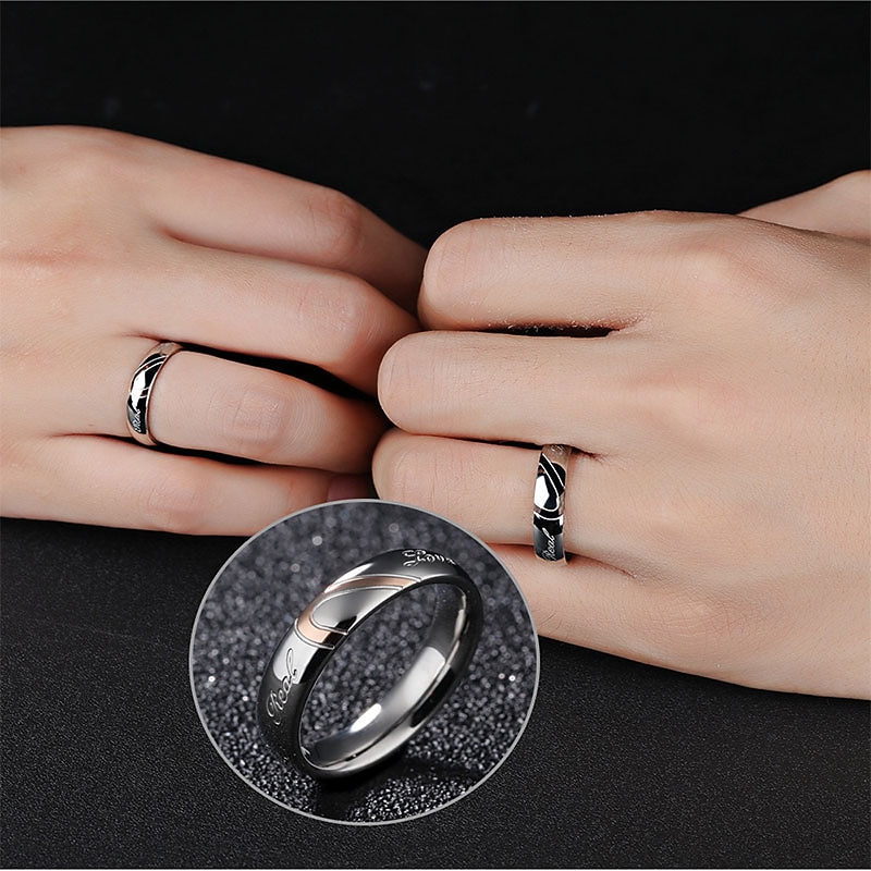 Men's Women's 2pcs Cuff Links Couple Rings Band Ring Engagement Ring Wedding Party Two tone Ladies Simple Silver2
