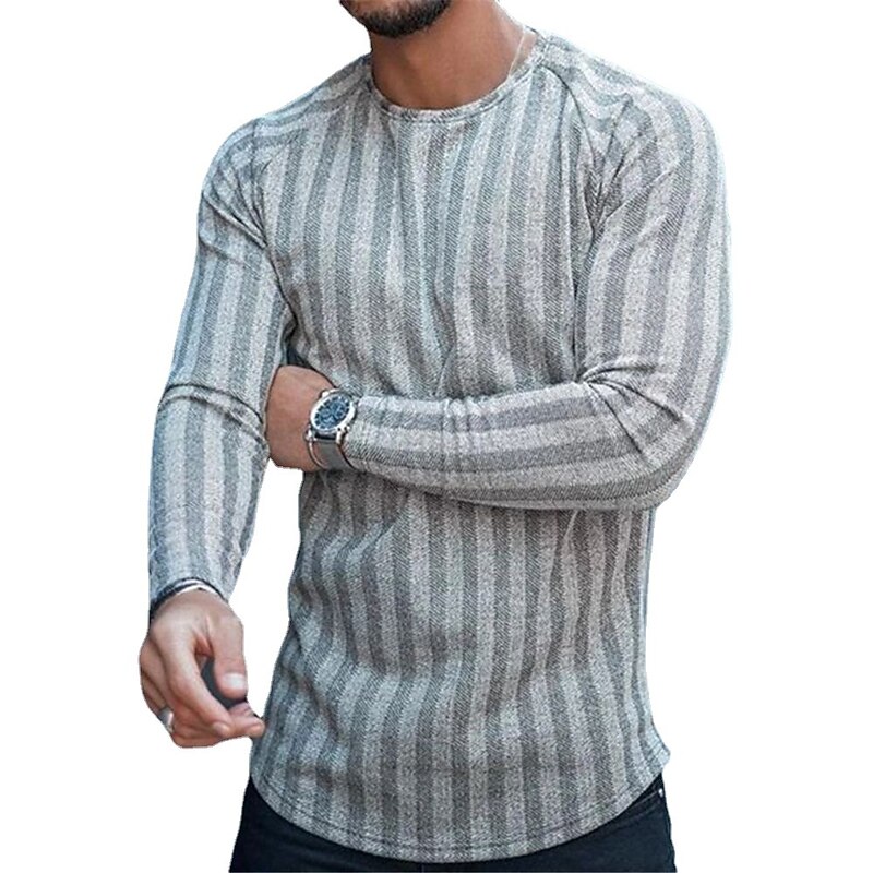 Men's T Shirt Long Sleeve Shirt Long Sleeve Crew Neck Spring & Summer Striped Fashion Lightweight Muscle Vacation Casual Holiday Dark Gray Coffee Gray Top Tee for Men3