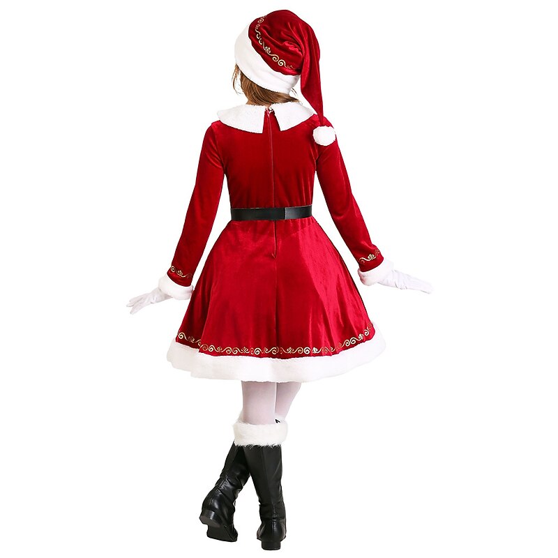 Santa Suit Santa Claus Mrs.Claus Cosplay Costume Outfits Christmas Dress Santa Clothes Girls' Christmas Special Kid's Christmas Carnival Masquerade Christmas Dress Gloves Belt Hat3