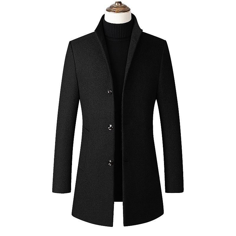 Men's Winter Coat Wool Coat Overcoat Office & Career Daily Wear Winter Polyester Thermal Warm Washable Outerwear Clothing Apparel Fashion Warm Ups Solid Colored Pocket Standing Collar Single Breasted2