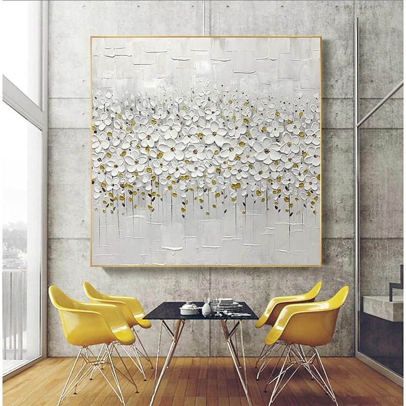 Manual Handmade Oil Painting Hand Painted Square Abstract Floral / Botanical Modern Realism Rolled Canvas (No Frame)