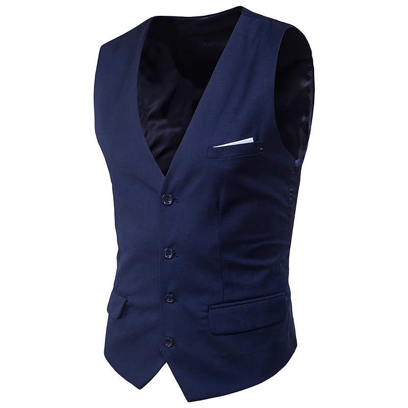 Men's Vest Waistcoat Wedding Work Street Business Streetwear Business Summer Fall Pocket Cotton Breathable Solid Color Single Breasted V Neck Regular Fit Lake blue Black Wine Red Vest3
