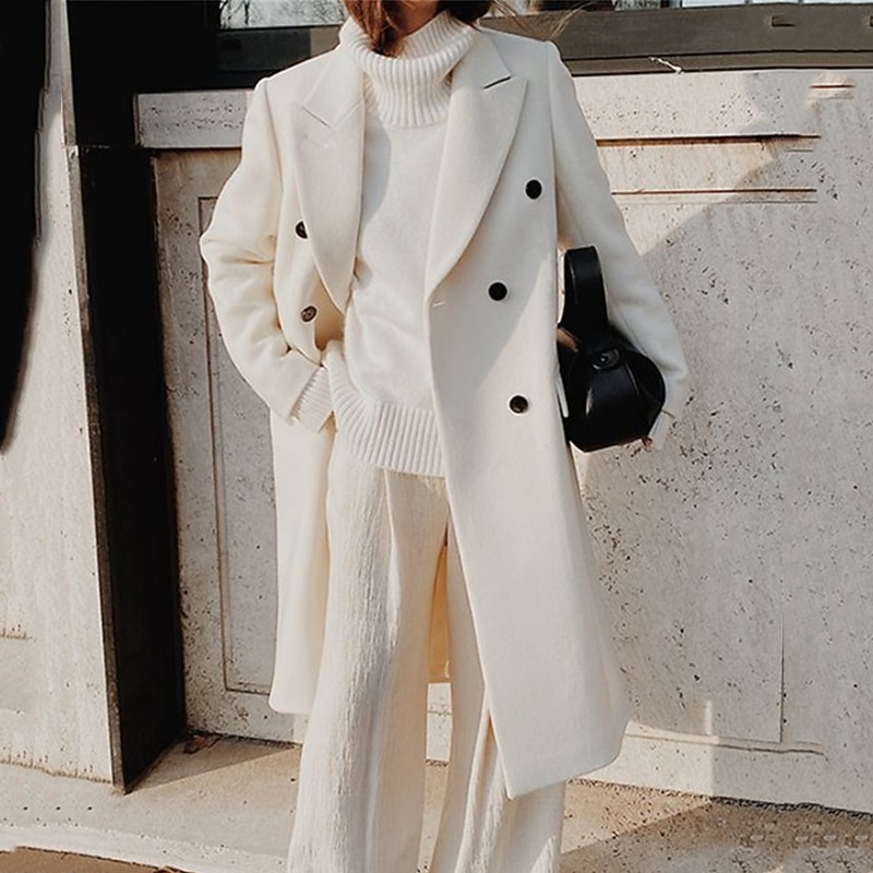 Women's Wool Blend Coat Winter Long Pea Coat Fall Double Breasted Lapel Over Coat Warm Windproof with Pockets Streetwear Casual Jacket Long Sleeve White Khaki