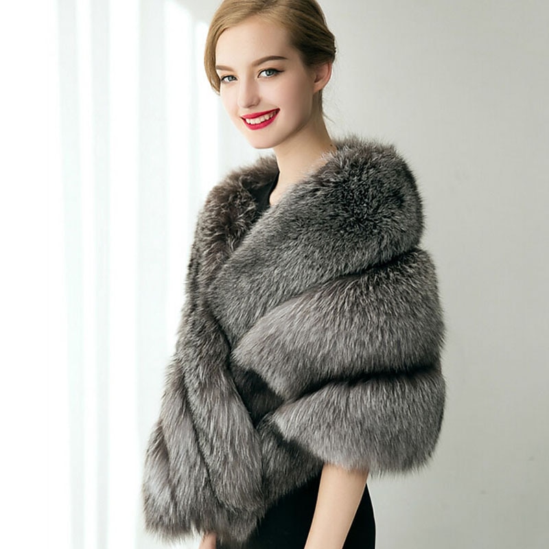 Gray Faux Fur Wedding Shawl Cape Party Evening Casual Keep Warm Winter Bridal Wrap For Wedding Formal dress to impress3