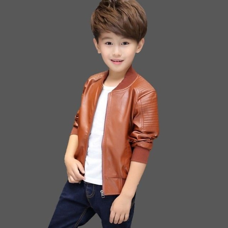 Ulknn Baby Boys Pu Jackets Threaded Round Neck Jacket Autumn And Winter Plus Velvet Thickening All Season4