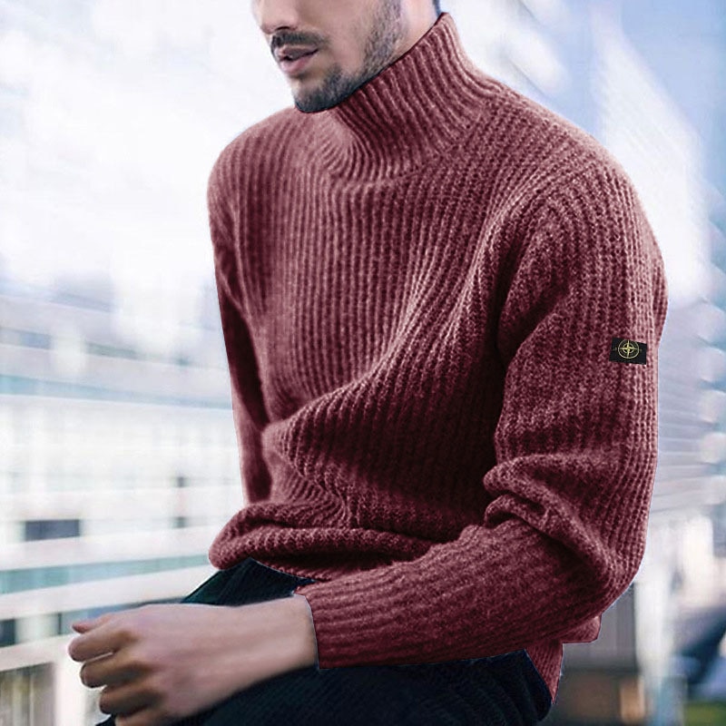 Men's Sweater Turtleneck Sweater Pullover Cable Knit Knitted Solid Color Turtleneck Stylish Outdoor Home Clothing Apparel Winter Black Wine S M L3