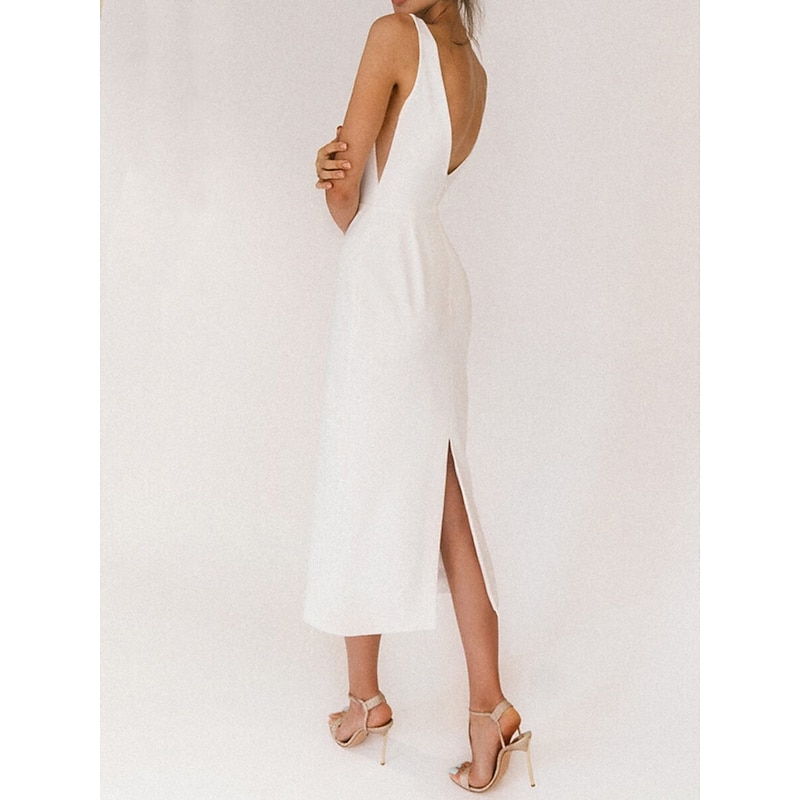 Beach Wedding Reception Little White Dress Bridal Shower Dresses Wedding Dresses Sheath V Neck Sleeveless Ankle Length Satin Bridal Gowns With / Solid Color2