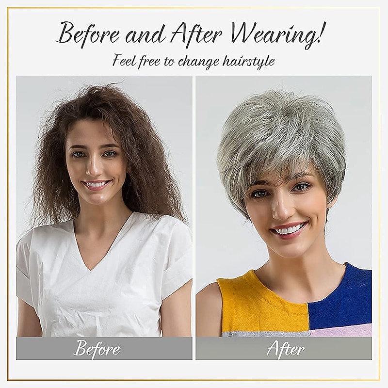 Gray Wigs for Women Temperament Oblique Bangs Texture Fluffy Short Hair Black Gradient Silver Middle-Aged Wigs Natural Hair4