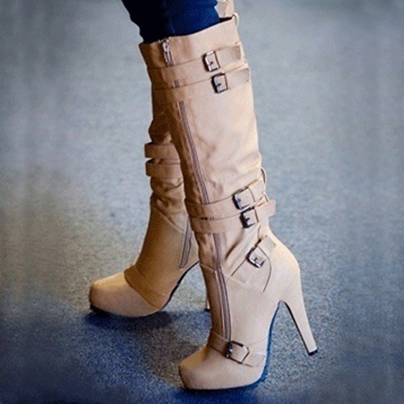 Women's Beige Knee-High Stiletto Boots with Buckle Straps and Side Zipper, Sexy High Heel Boots for Fashionable Night Out