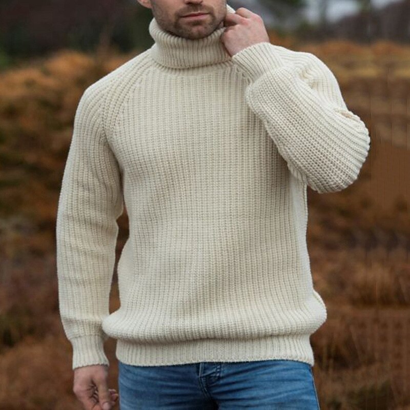Men's Turtleneck Sweater Sweater Pullover Sweater Jumper Cable Chunky Knit Knitted Solid Color Turtleneck Stylish Casual Outdoor Home Clothing Apparel Fall Winter Beige M L XL2