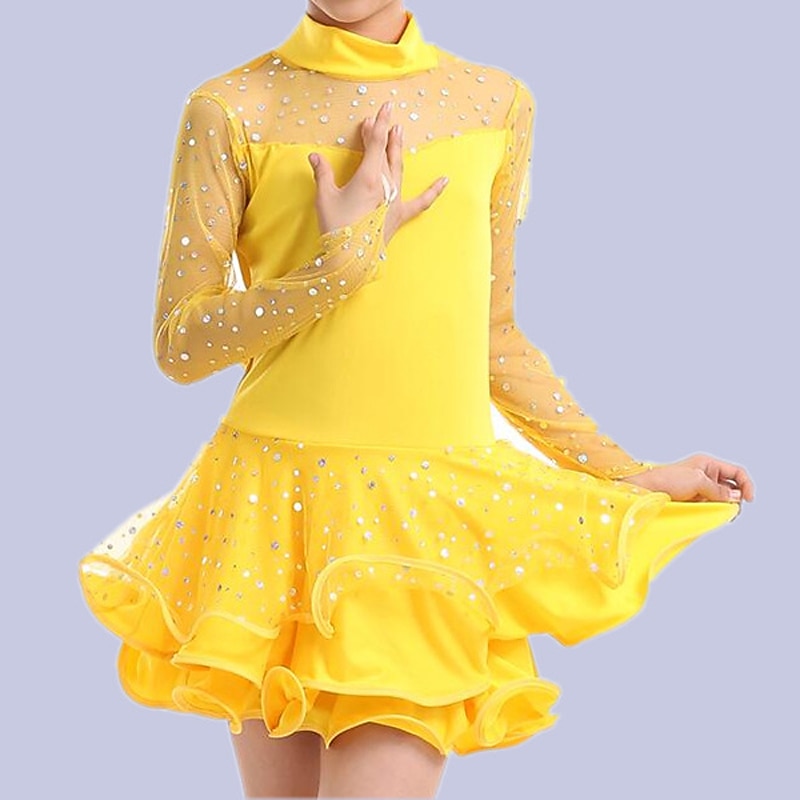Latin Dance Kids' Dancewear Dress Pure Color Paillette Tulle Girls' Performance Long Sleeve Elastane Tulle