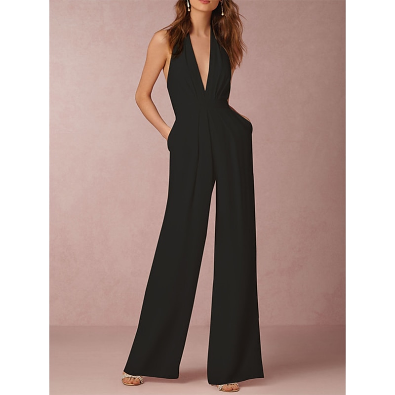 Hall Sexy Casual Wedding Dresses Tuxedo Dress Jumpsuits Halter Neck Sleeveless Floor Length Satin Bridal Gowns With Pleats4