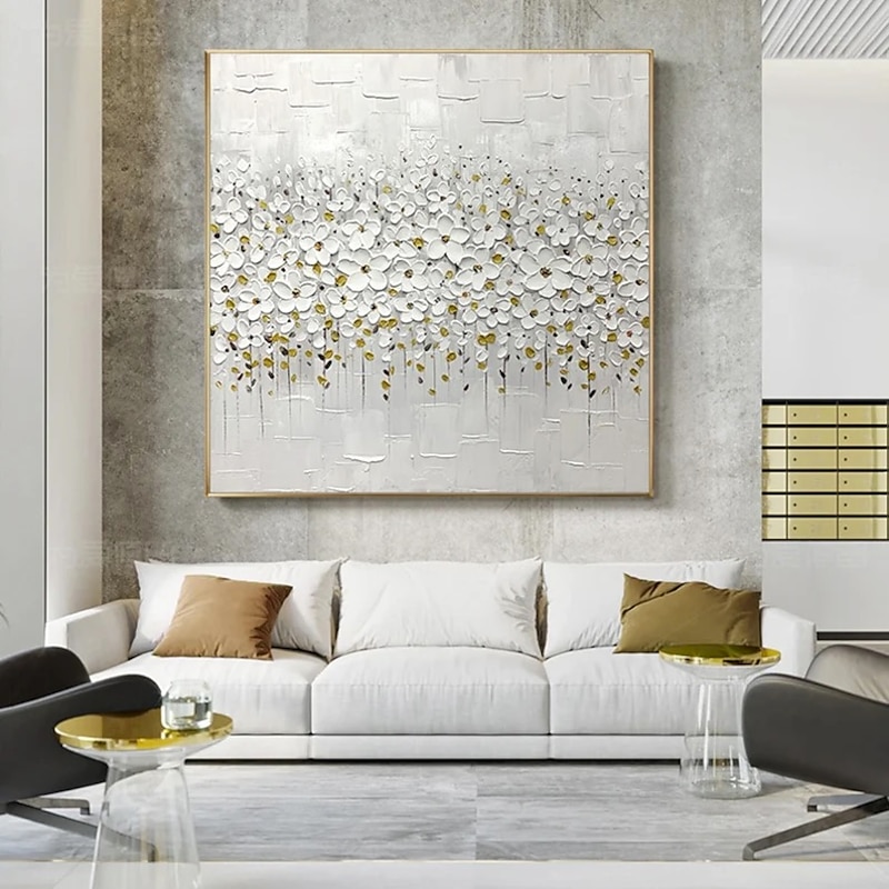 Manual Handmade Oil Painting Hand Painted Square Abstract Floral / Botanical Modern Realism Rolled Canvas (No Frame)3