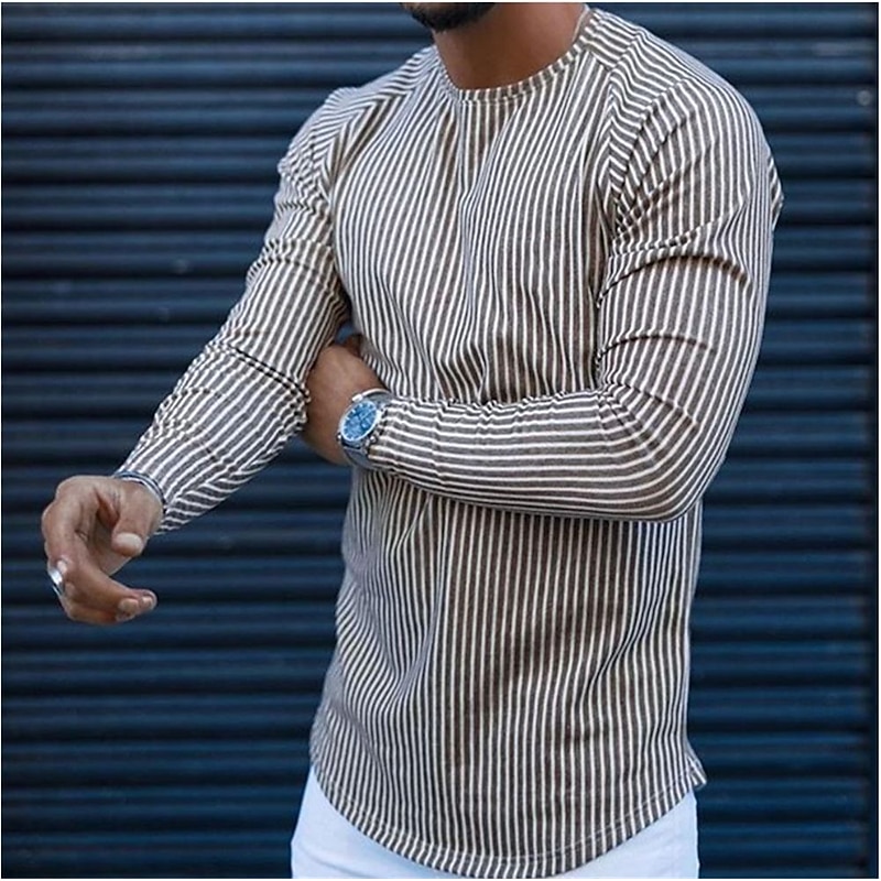 Men's T Shirt Long Sleeve Shirt Long Sleeve Crew Neck Spring & Summer Striped Fashion Lightweight Muscle Vacation Casual Holiday Dark Gray Coffee Gray Top Tee for Men2