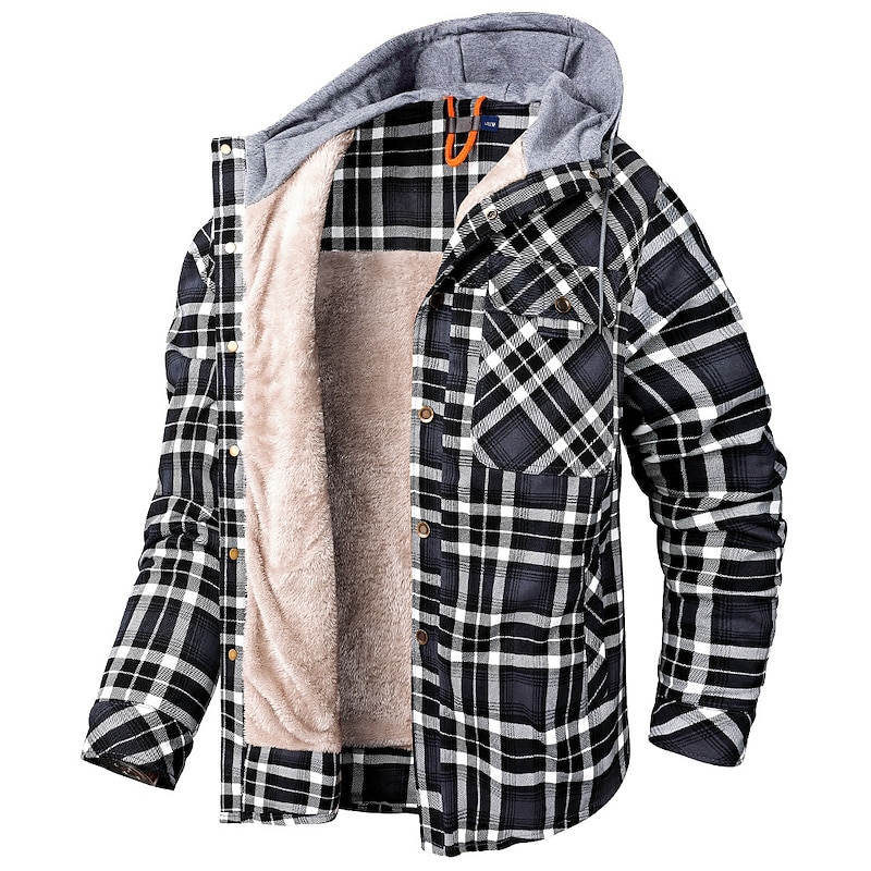 Men's Winter Jacket Shacket Flannel Fleece Jacket Daily Wear Vacation Durable Casual / Daily Pocket Spring Fall Plaid Warm Ups Comfort Hooded Regular Red Blue khaki Military Green Coffee Jacket