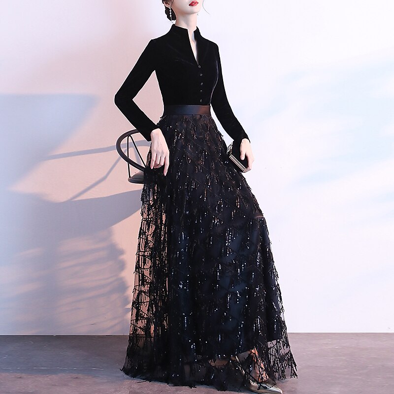 A-Line Evening Gown Elegant Dress Wedding Guest Prom Floor Length Long Sleeve Queen Anne Sequined with Sash / Ribbon Sequin4