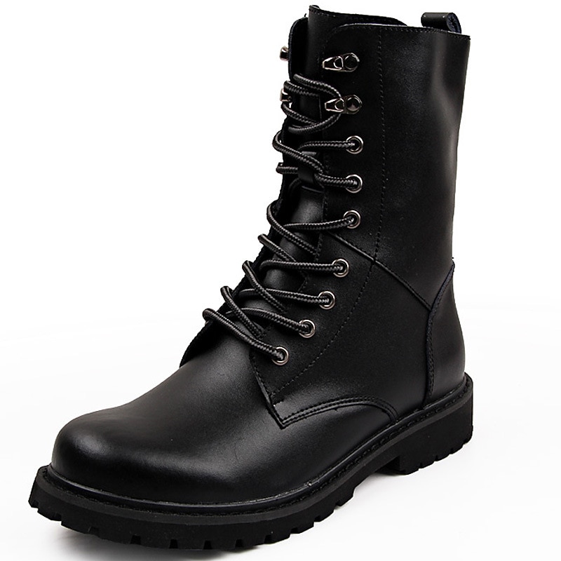 Men's Black Leather Combat Boots with Foldable Collar - Rugged Lace-Up Military Style Ankle Boots for Outdoor Wear2