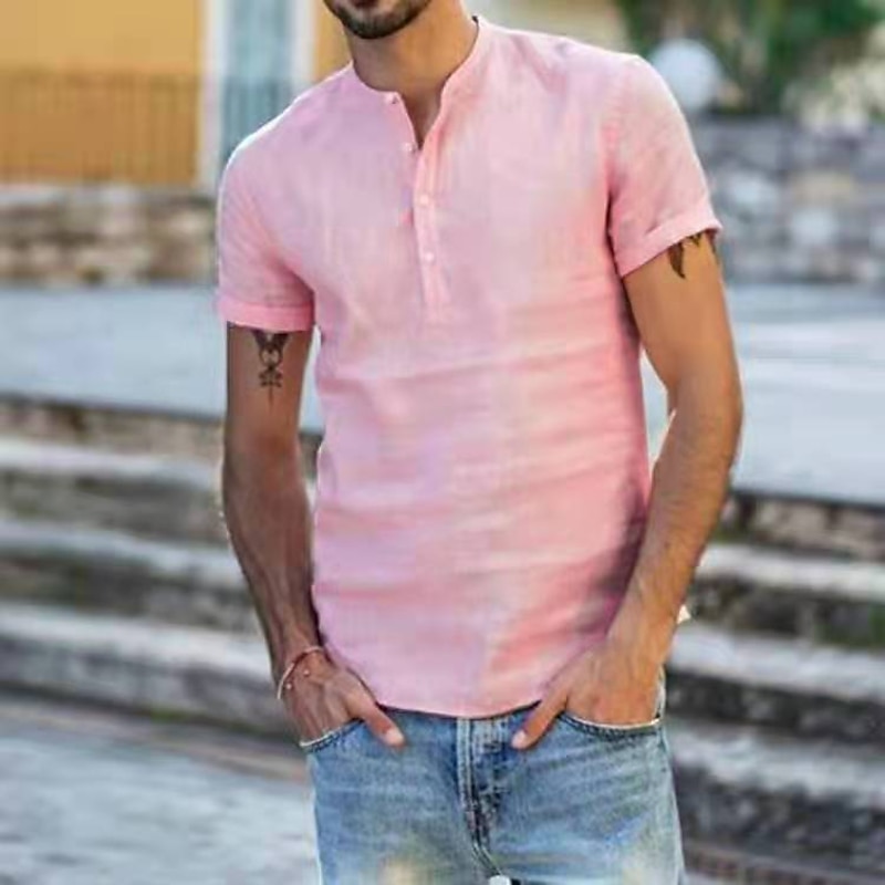 Men's Shirt Linen Shirt Summer Shirt Beach Wear Band Collar Shirt Solid Color Vacation Street Light Blue Black White Pink Short Sleeve Collar Clothing Apparel3
