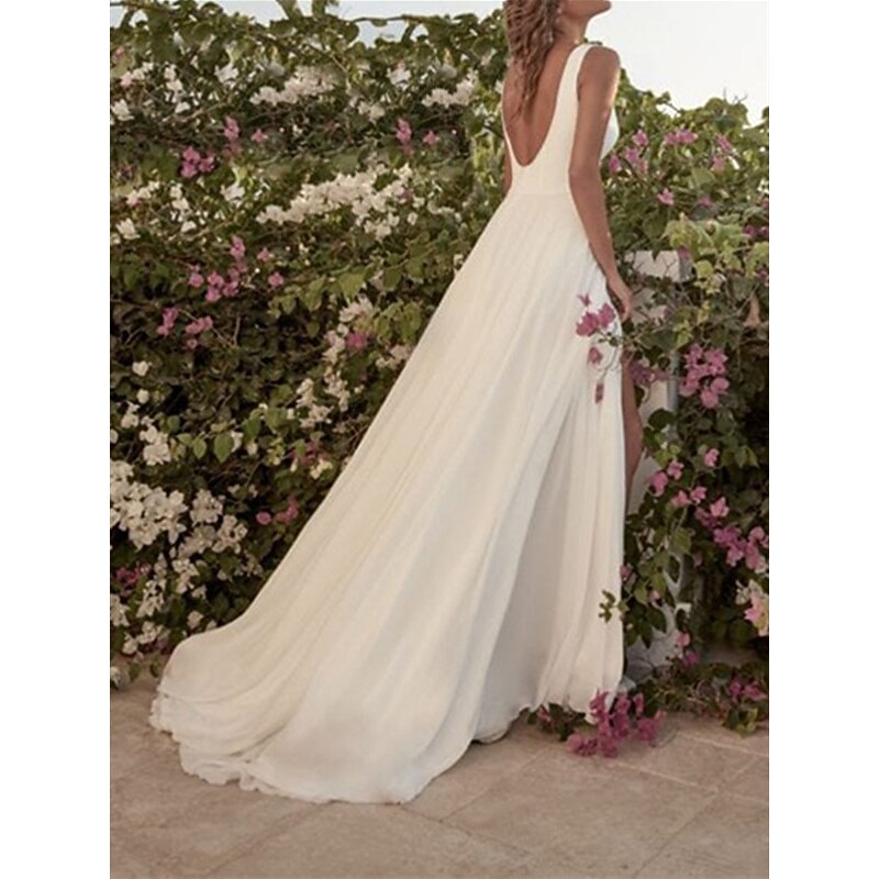 Beach Wedding Hall Casual Wedding Dresses A-Line Scoop Neck Sleeveless Floor Length Chiffon Bridal Gowns With Split Front2