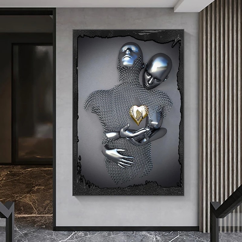 3D  Wall Art Love Heart Prints/Posters Metal Sculpture Couple Hug Modern Picture Home Decoration Wall Hanging Gift Rolled Canvas Unframed Unstretched3